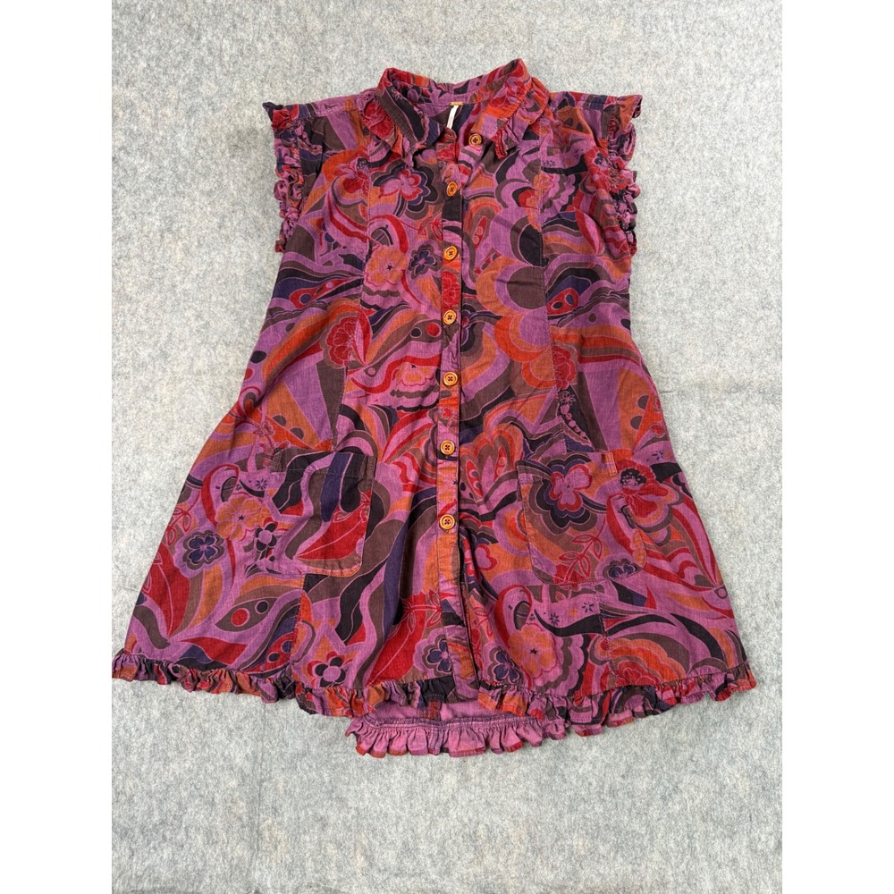 Free People Dress Womens Small Pink Corduroy Mini Boho Floral Button Front 70s S